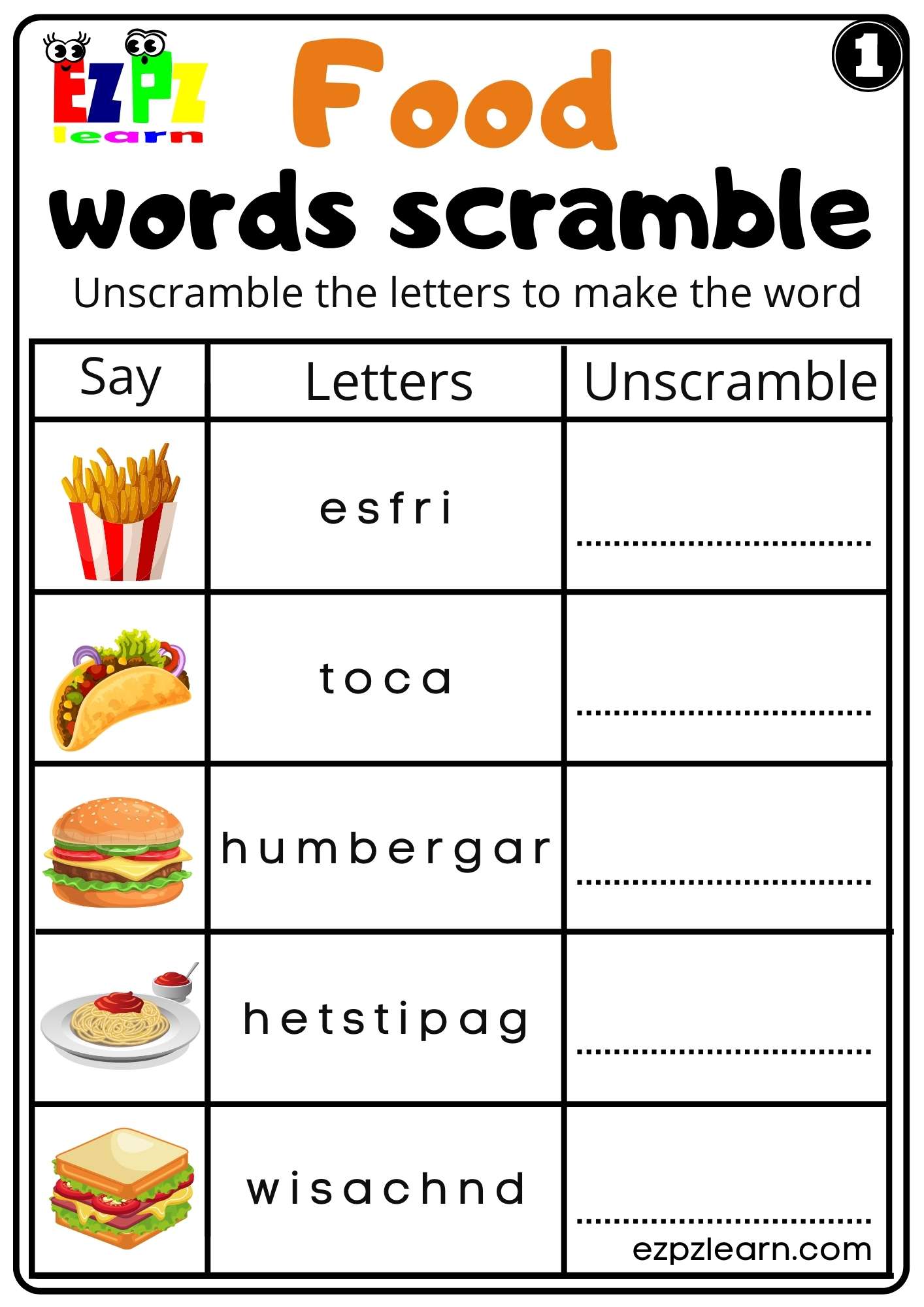 Food Word Scramble Worksheet for ESL and Kindergarten K5 Set 1 Free PDF 